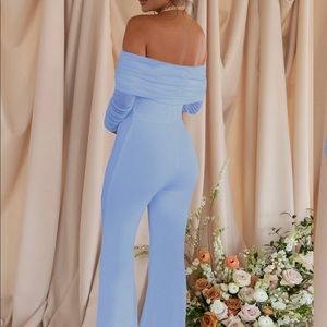 Countdown Powder Blue Maternity Ruched Mesh Bardot Jumpsuit